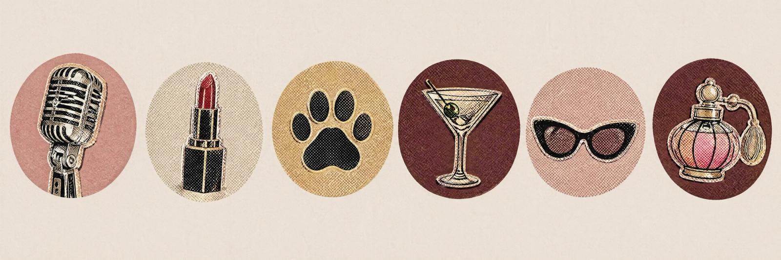 Brand icon set: microphone, lipstick, paw, martini, sunglasses, perfume