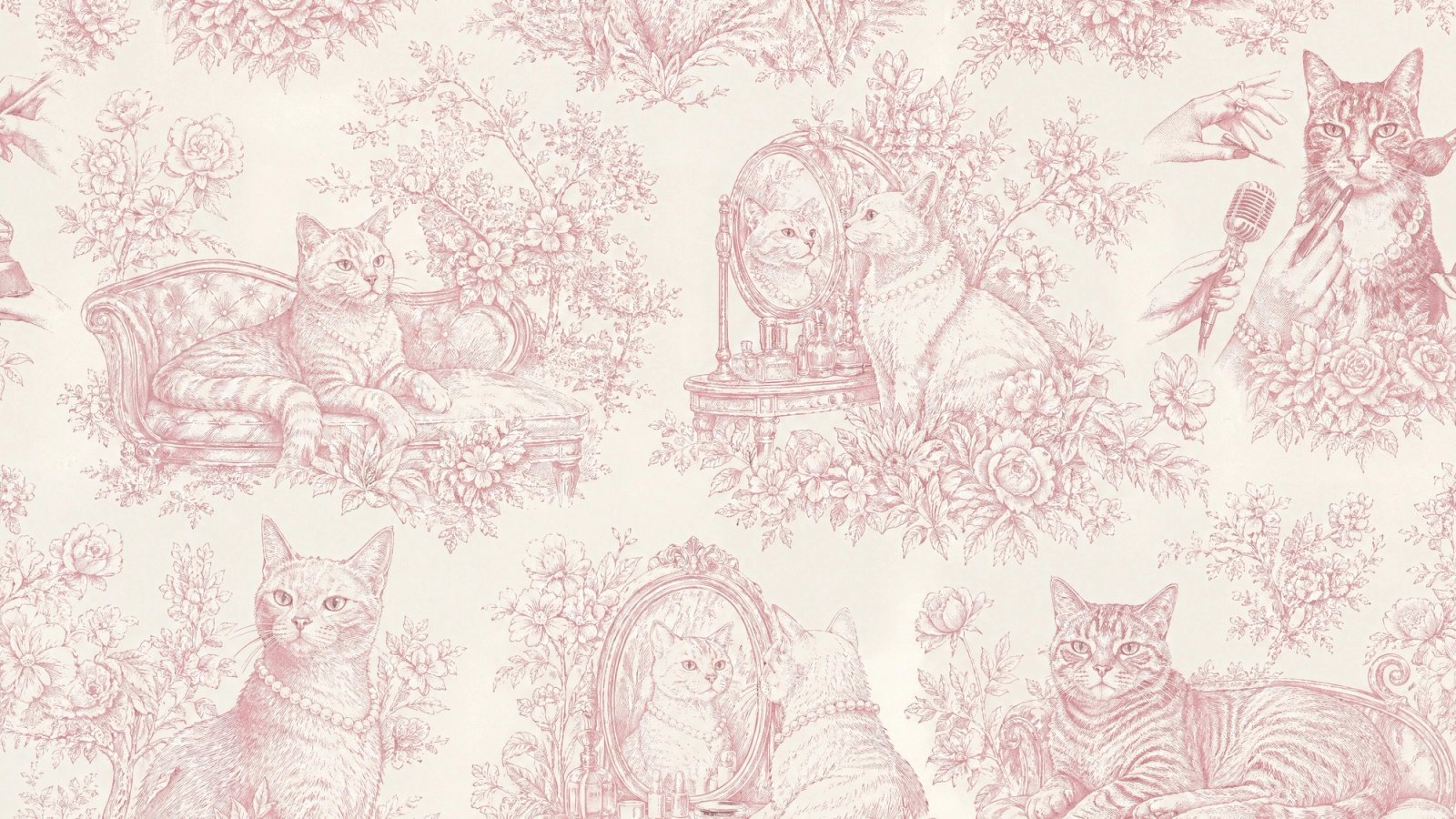 Cats & Other Celebrities toile de Jouy pattern, pink on cream