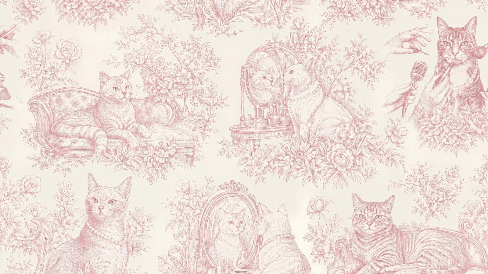 Cats & Other Celebrities toile de Jouy pattern, pink on cream