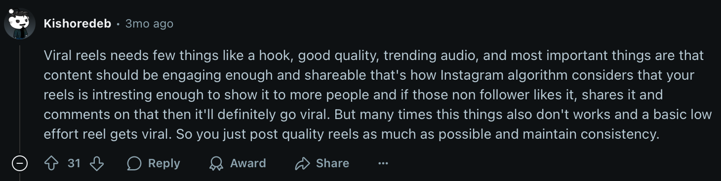 Reddit comment on how to improve Instagram reels