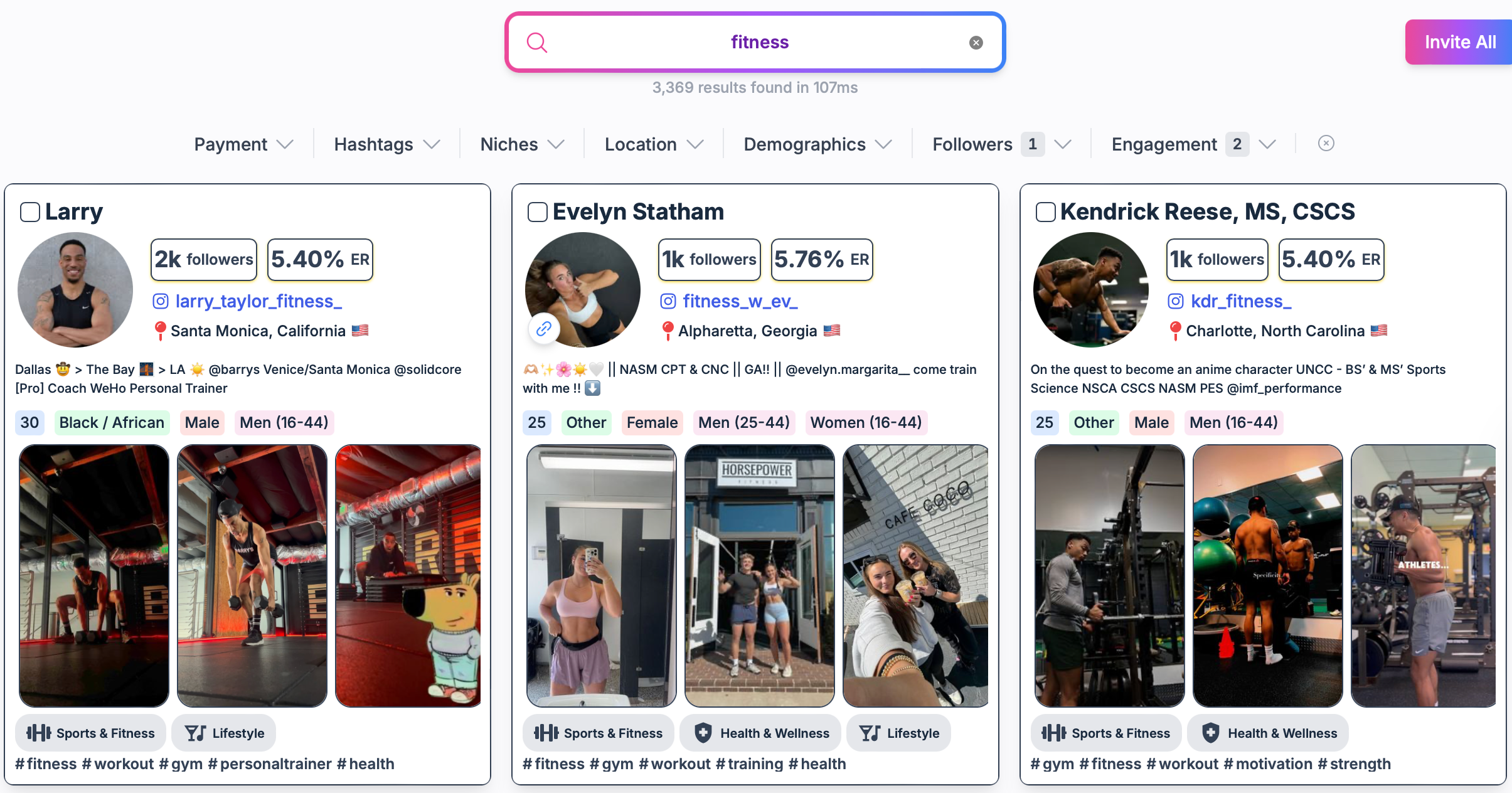 Social Cat influencer search page
