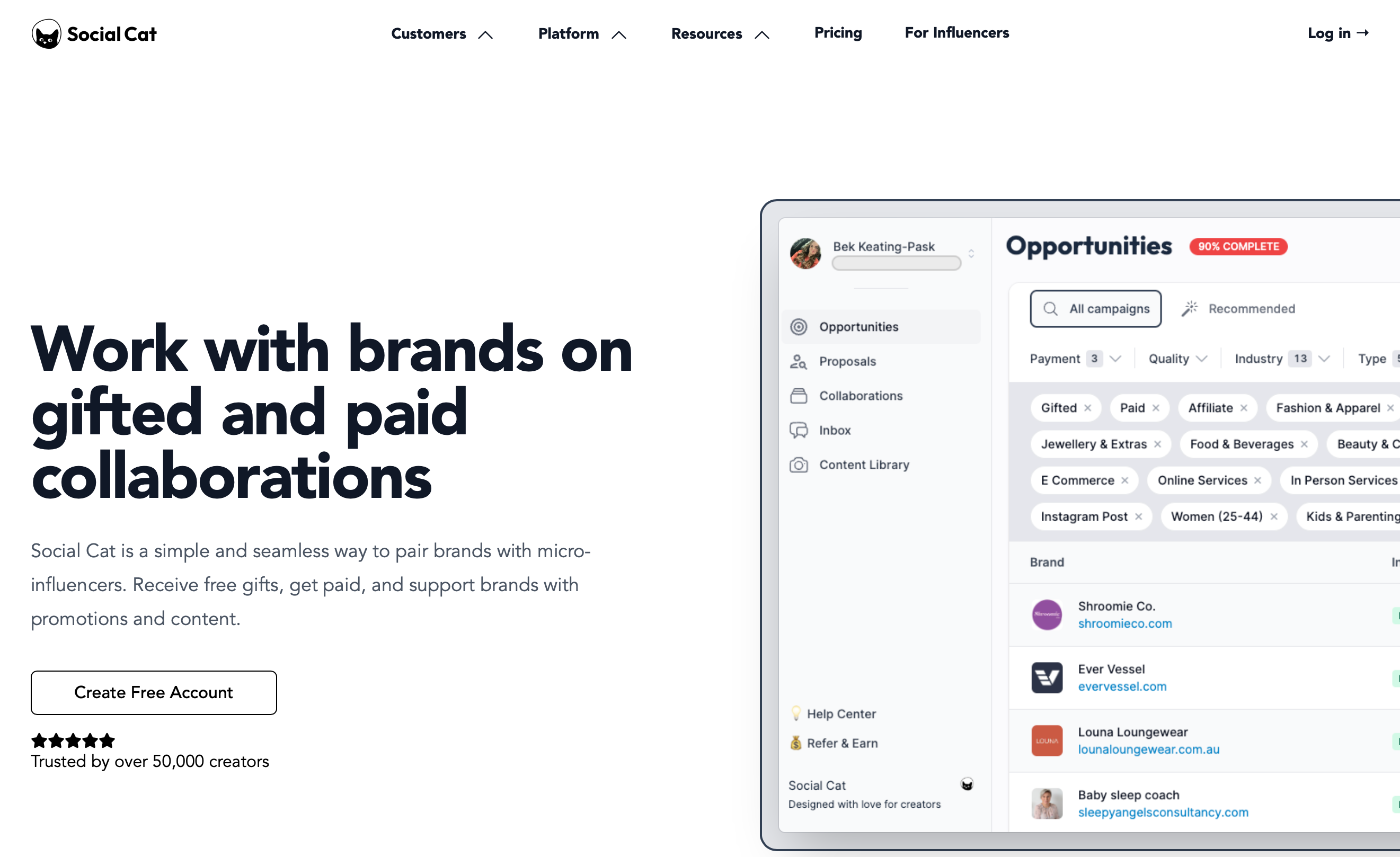 Social Cat influencers landing page