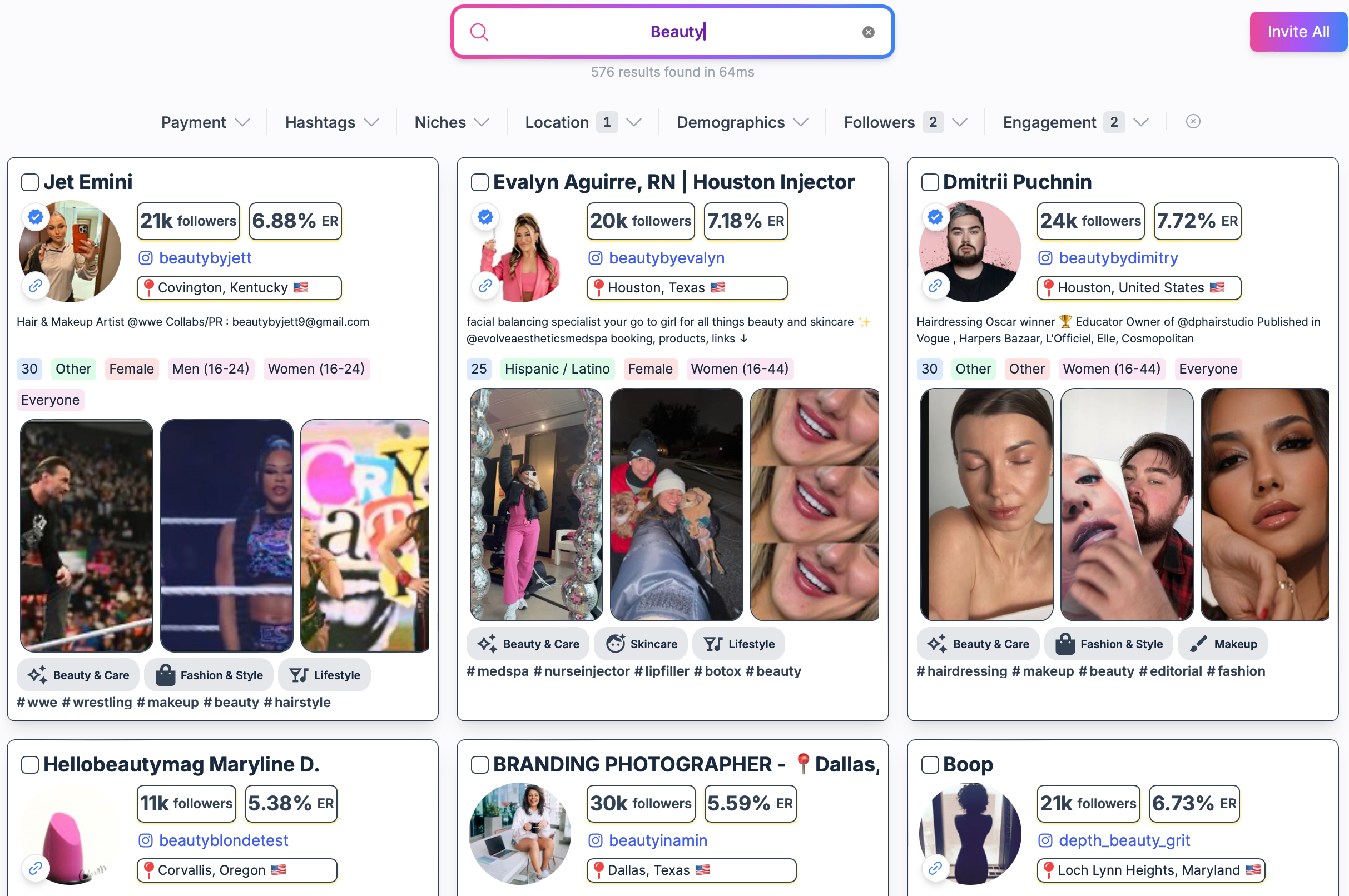 Searching for beauty influencers on Social Cat