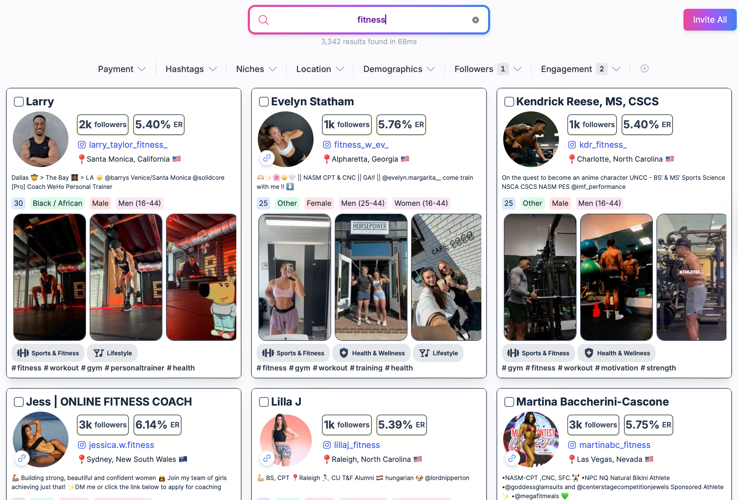 Looking for fitness influencers on Social Cat
