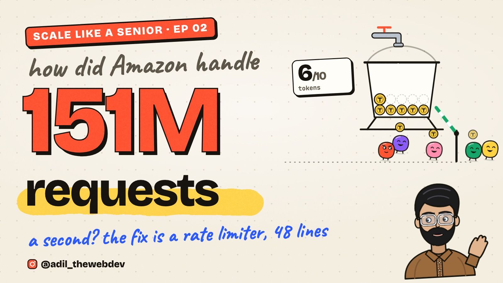 How did Amazon handle 151M requests a second: a bucket of tokens with a tap, and requests drawn as small characters waiting to take one