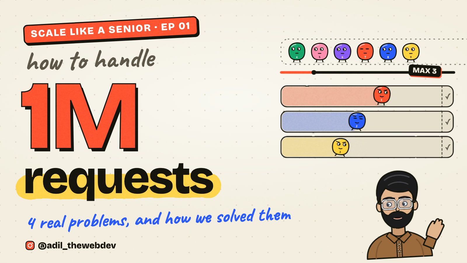 How to handle 1M requests: jobs drawn as small characters waiting in a line while only three of them run
