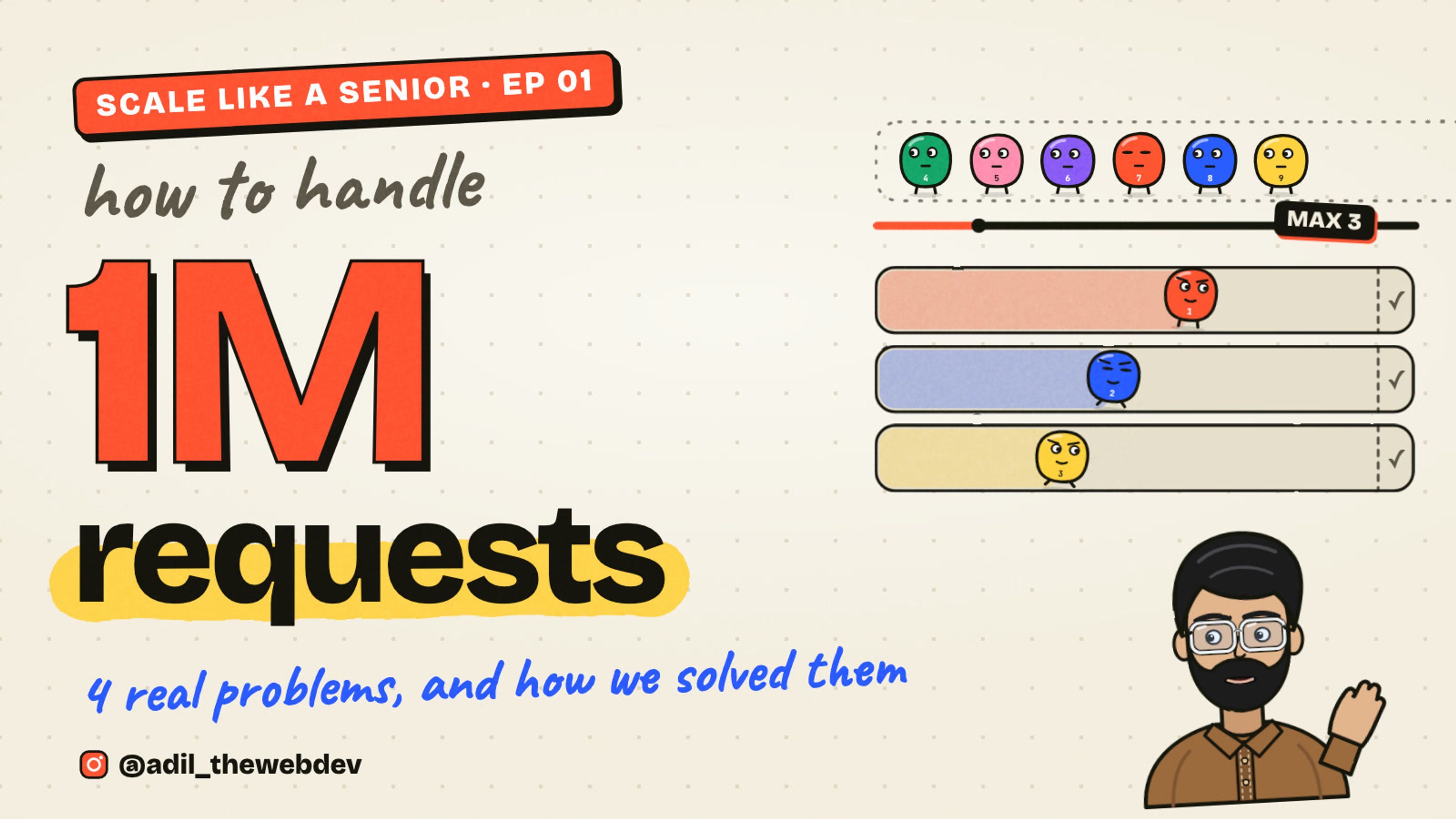 How to handle 1M requests: jobs drawn as small characters waiting in a line while only three of them run