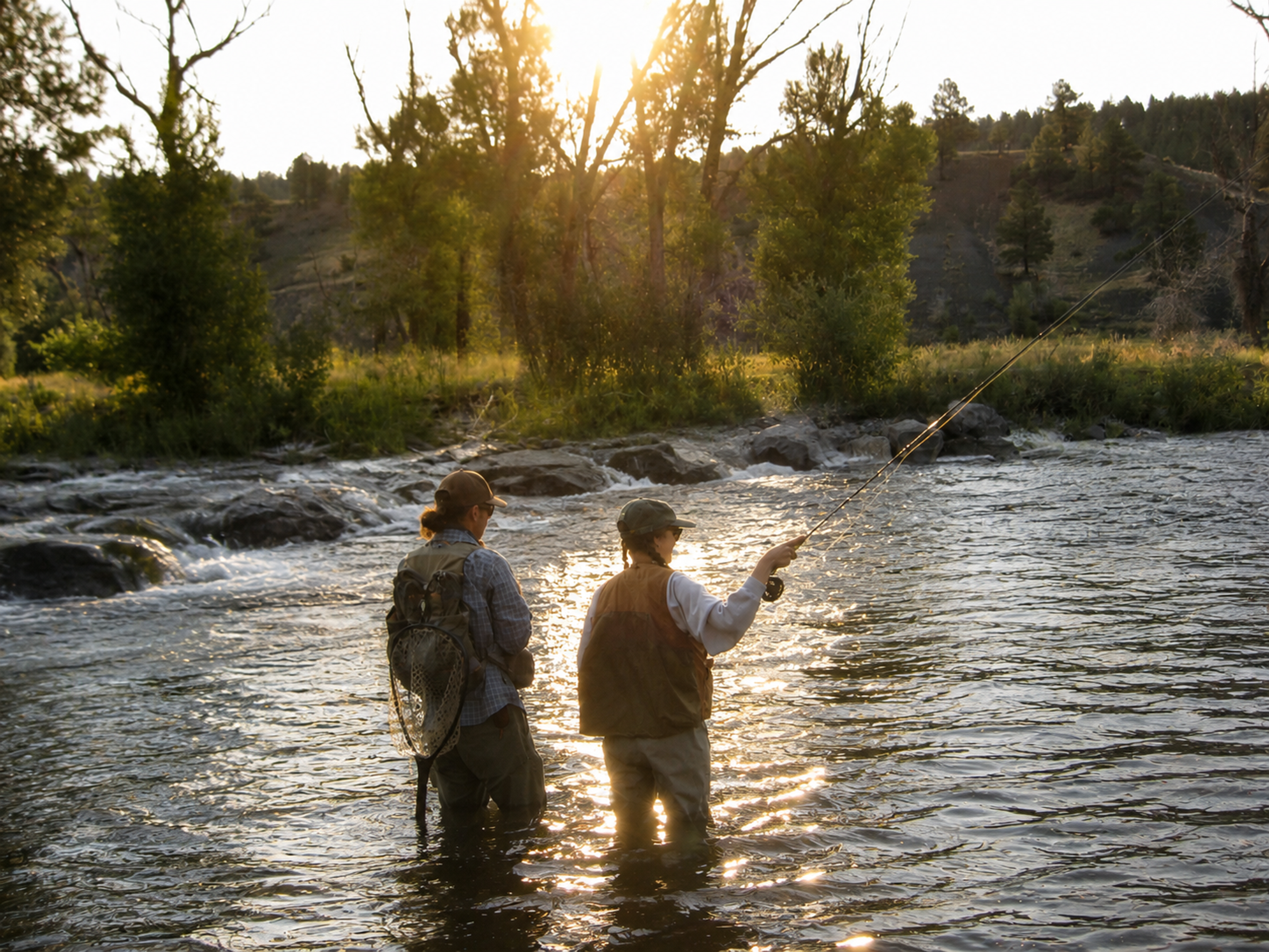 Two anglers fly fishing the San Juan River in Pagosa Springs at sunset