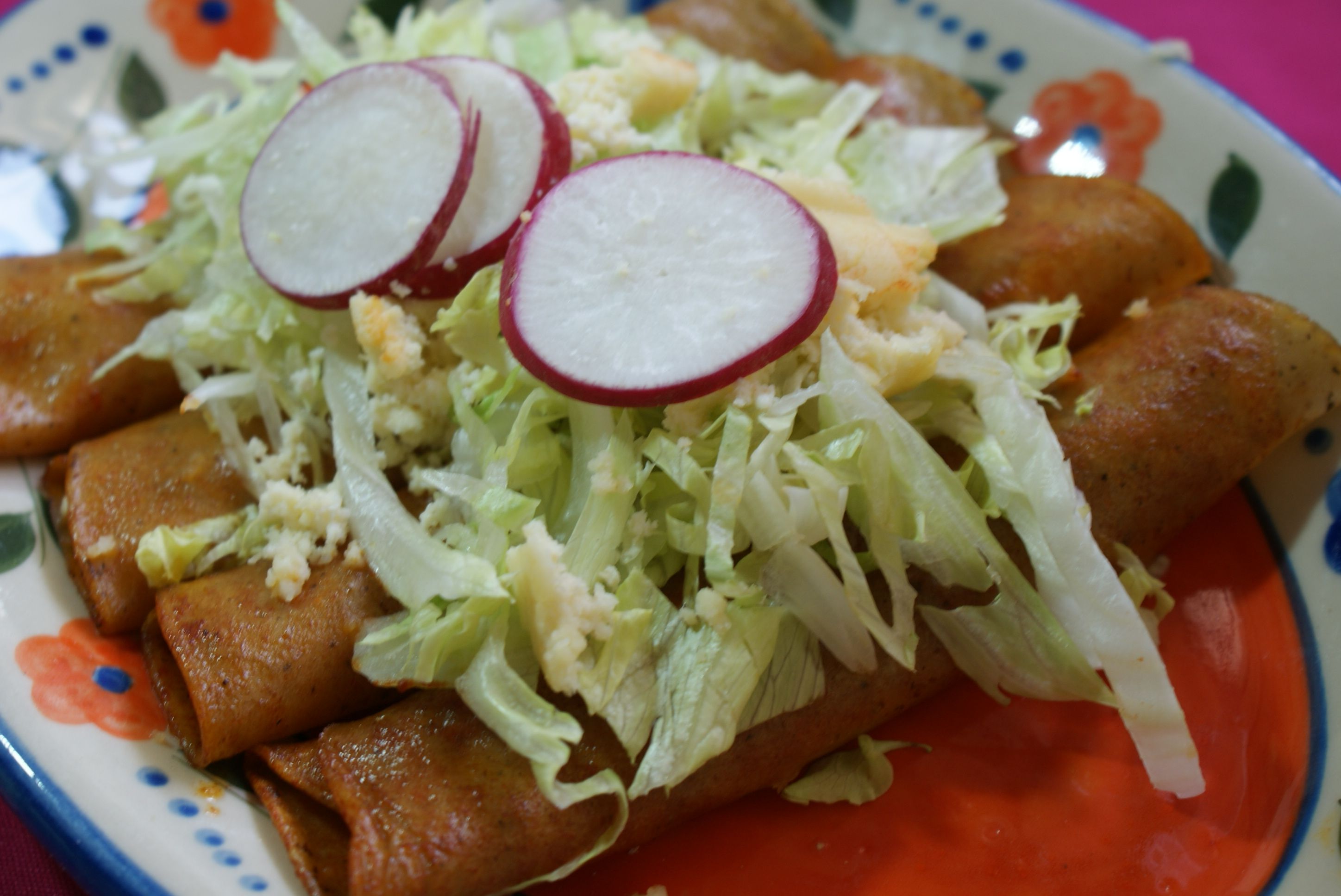 A plate of Mexican enchiladas in red sauce.