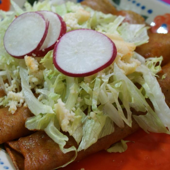 A plate of Mexican enchiladas in red sauce.