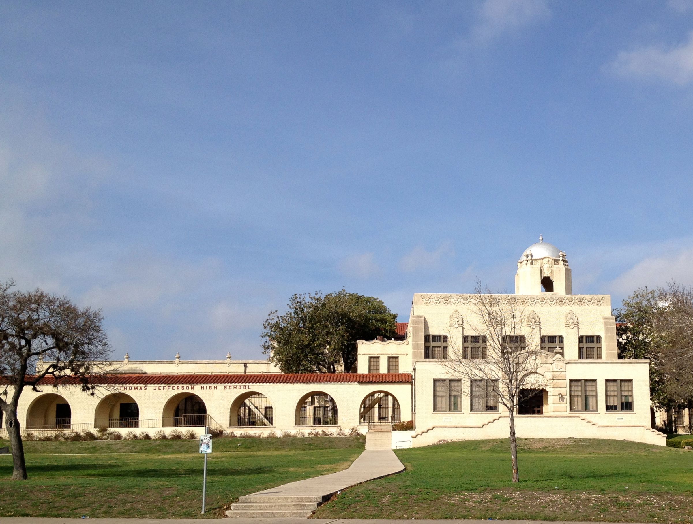 The historic facade of Thomas Jefferson High School, a public school in San Antonio.