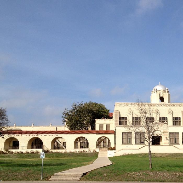 The historic facade of Thomas Jefferson High School in San Antonio.