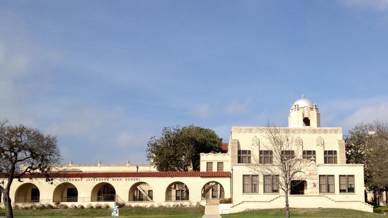 The historic facade of Thomas Jefferson High School, a public school in San Antonio.