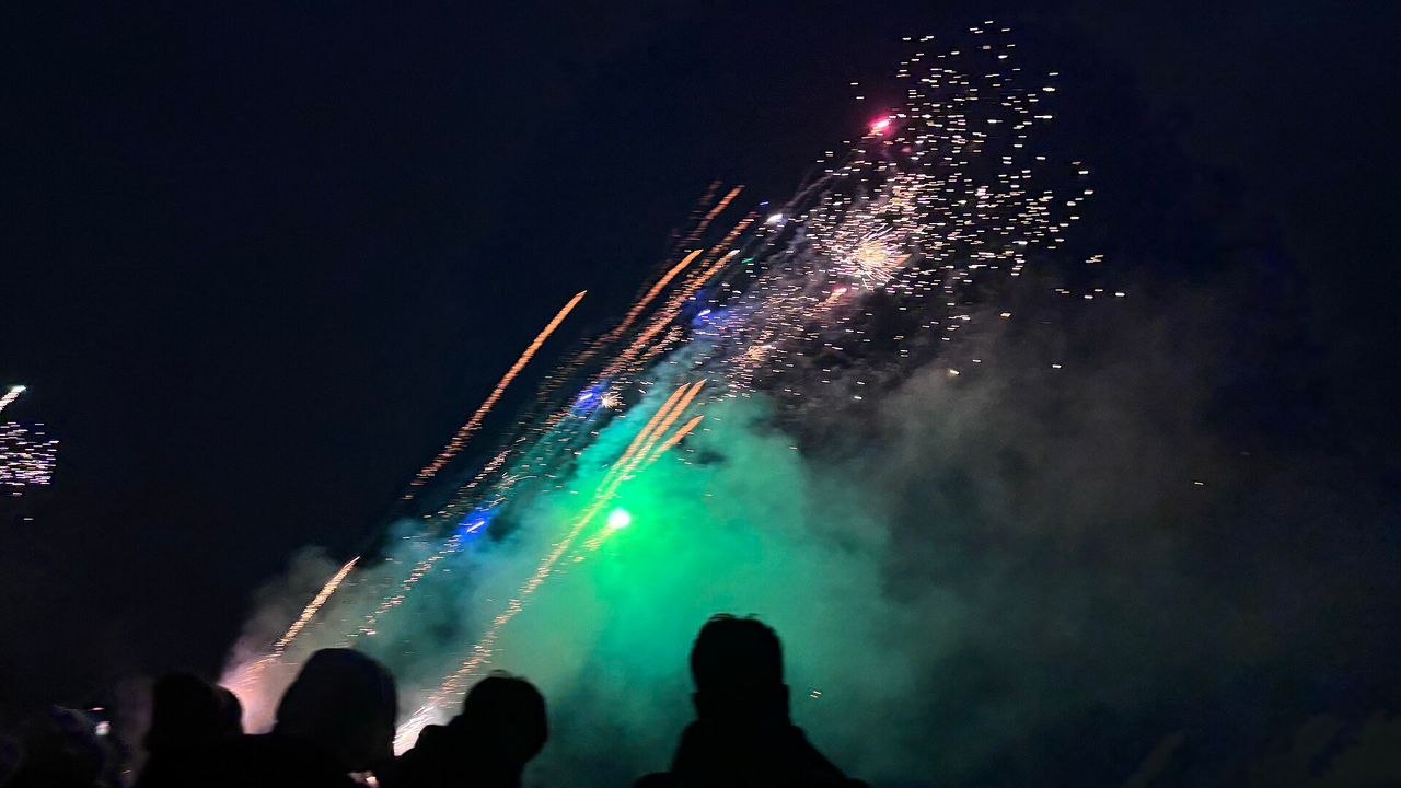 Fireworks burst over a crowd on the Fourth of July.