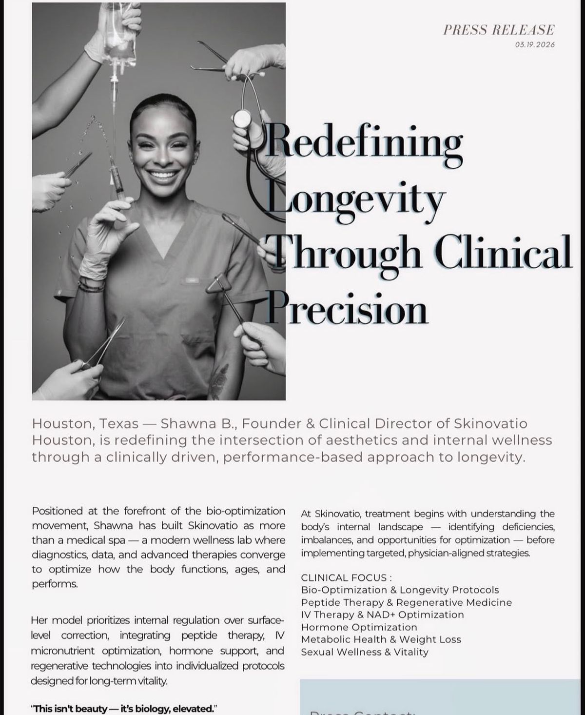Shawna B., Founder and Clinical Director of Skinovatio Houston — press release on redefining longevity through clinical precision