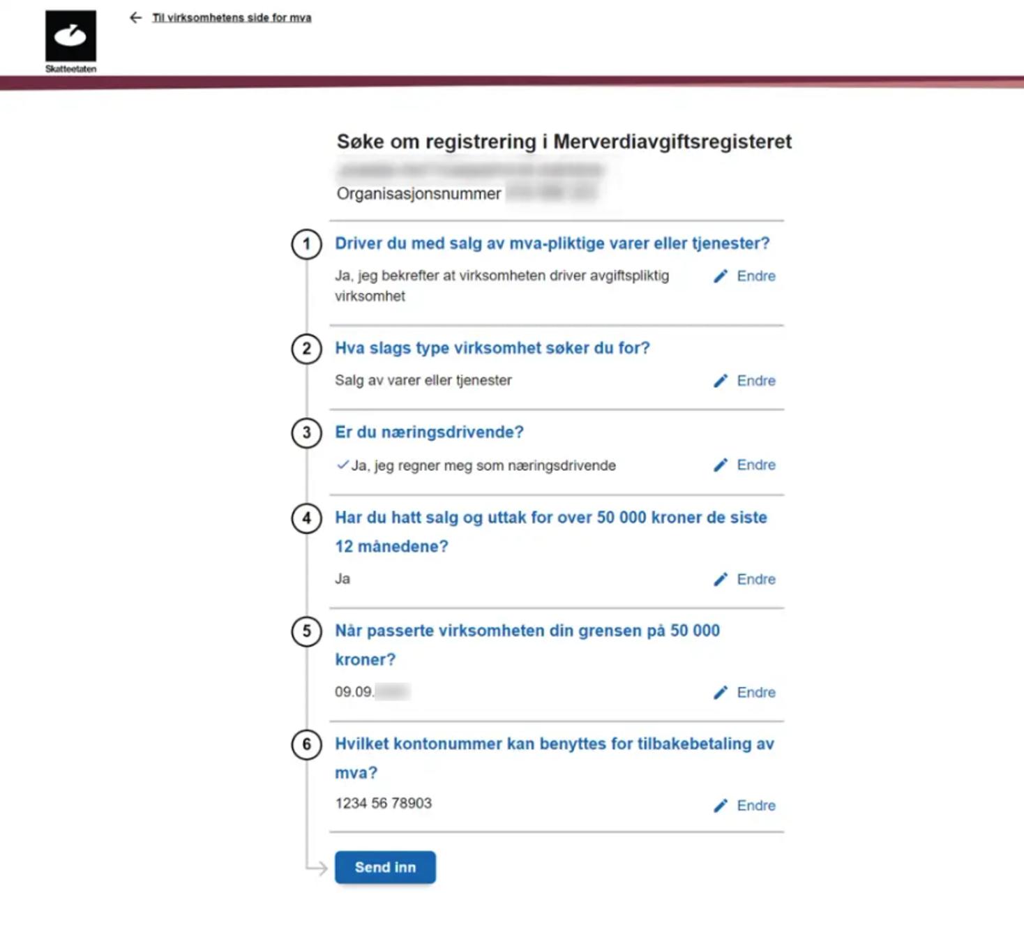 Skjermbilde som viser mva-registrering på Skatteetaten sine sider.