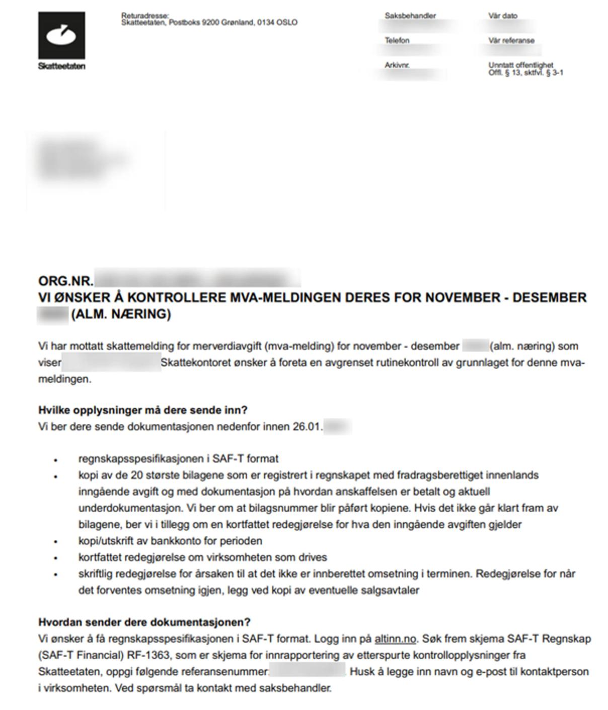 Skjermbilde av brev fra Skatteetaten om mva-kontroll.