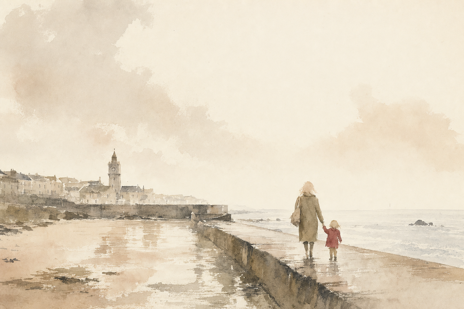 Watercolour, seen from behind, of a mother and her small daughter walking hand in hand along the harbour wall at Porthleven