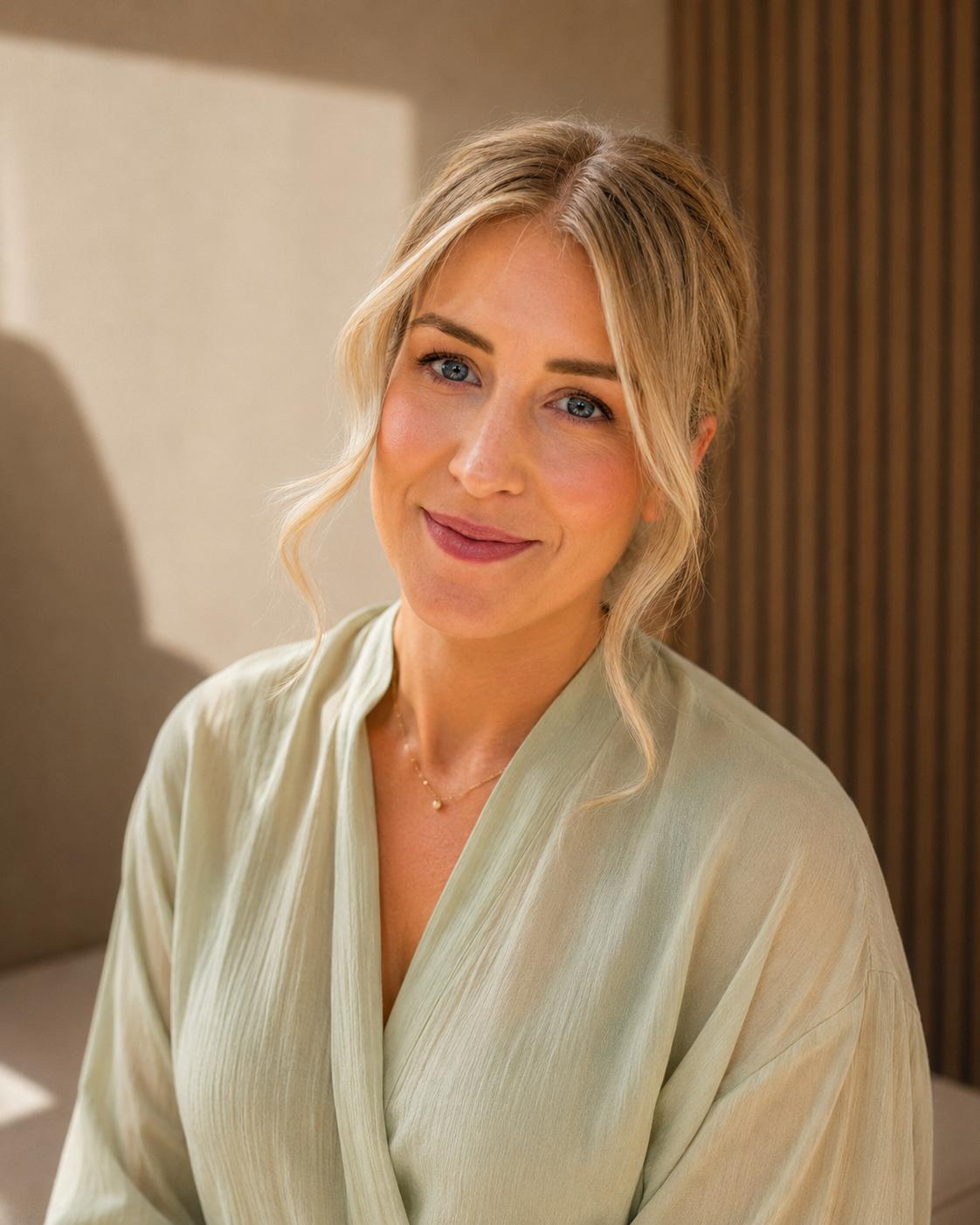 Laura, founder of Rosa, in warm daylight wearing a sage linen blouse