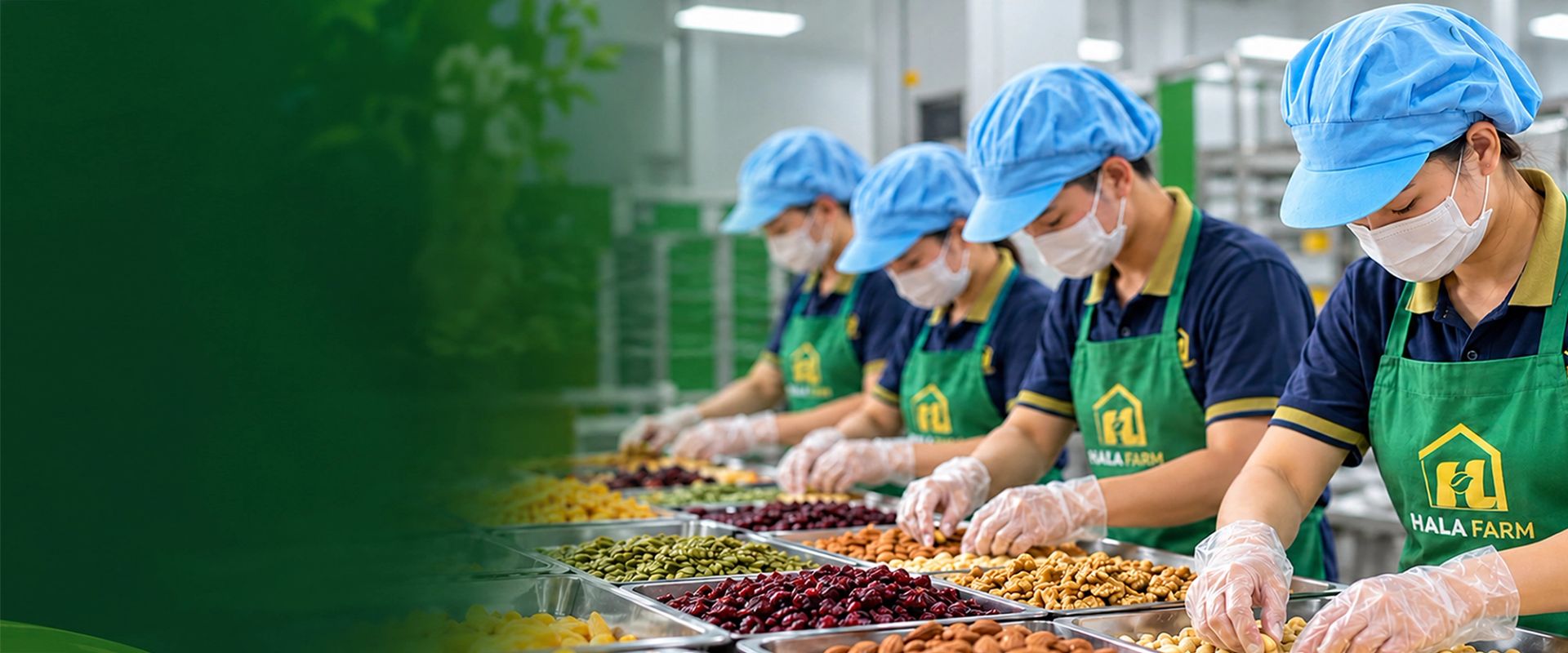 Bốn công nhân Hala Farm đeo găng tay và mũ trùm đầu chia nguyên liệu hạt, trái cây sấy trên bàn inox