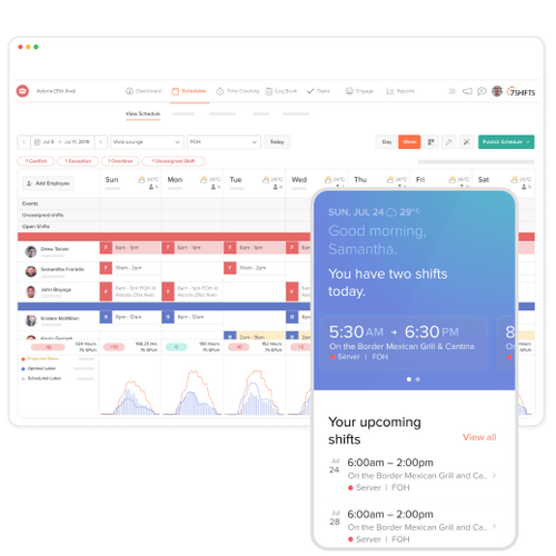 Illustrations of 7shifts desktop and mobile scheduling software