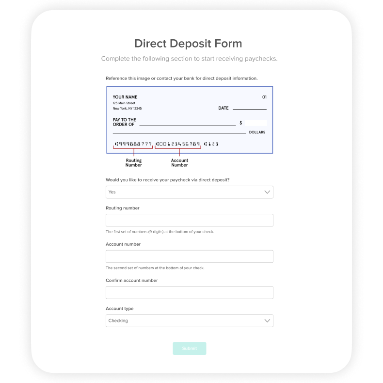 Direct deposit form product screen.