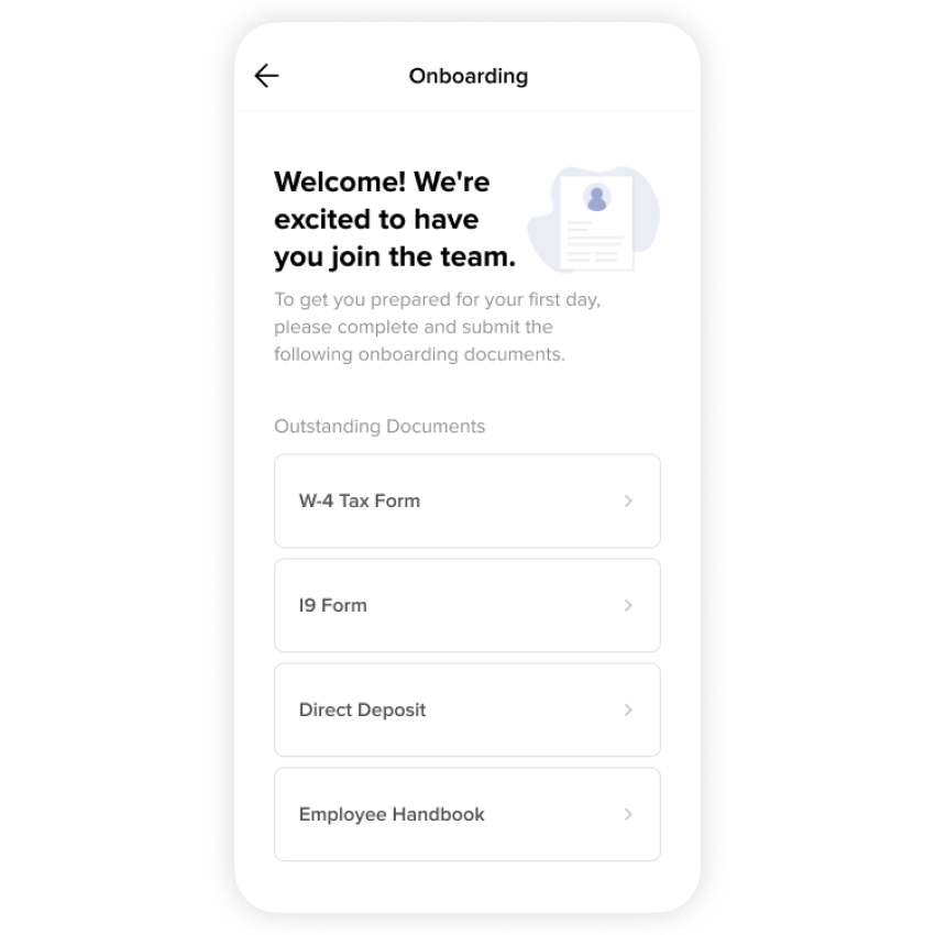Employee onboarding mobile welcome screen showing outstanding documents.