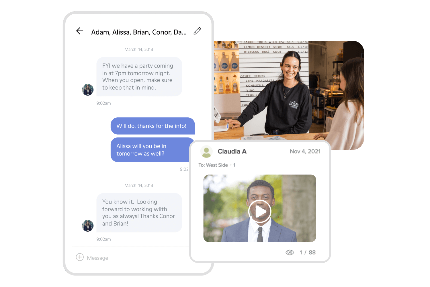 Restaurant team communication tools with text, gif and video.