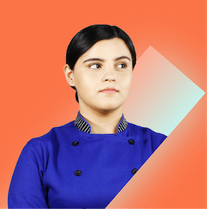 Woman in a blue chef uniform
