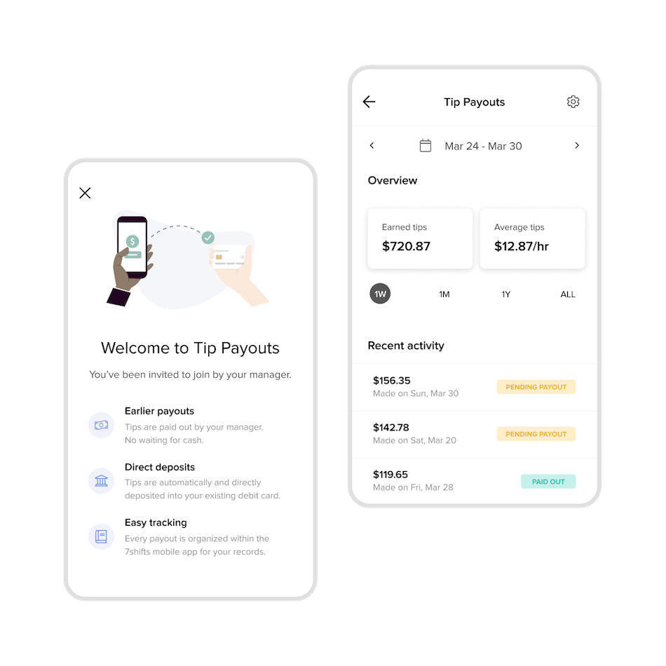 7shifts Tip Payouts beta mobile product screen