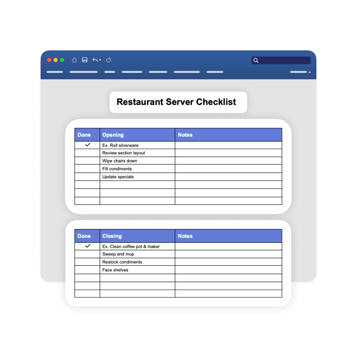 Example restaurant server checklist template