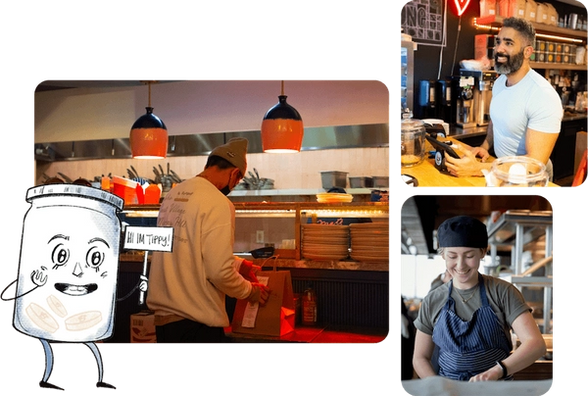 Collage of Tippy the tip jar cartoon and restaurant workers