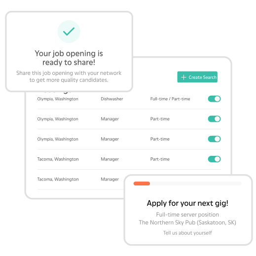 Illustrations of the 7shifts app hiring features 