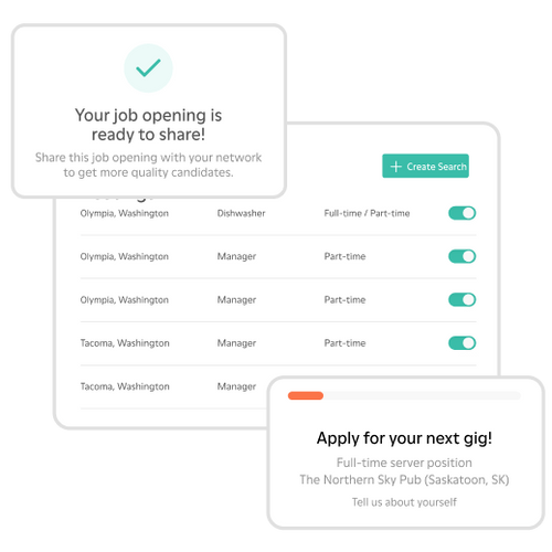 Illustrations of the 7shifts app hiring features 