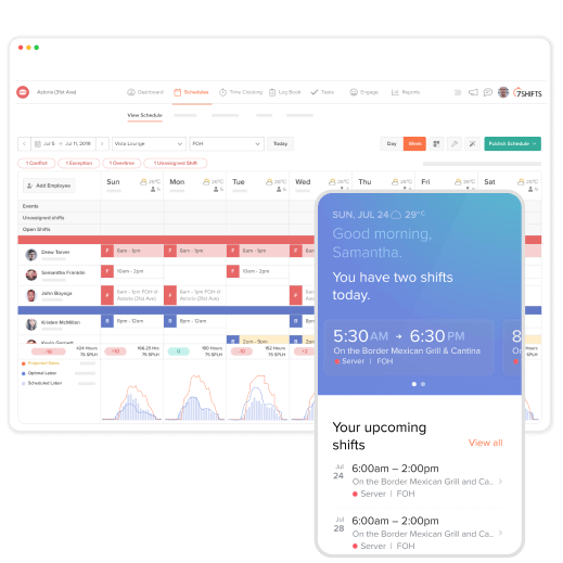 Illustrations of 7shifts desktop and mobile scheduling software