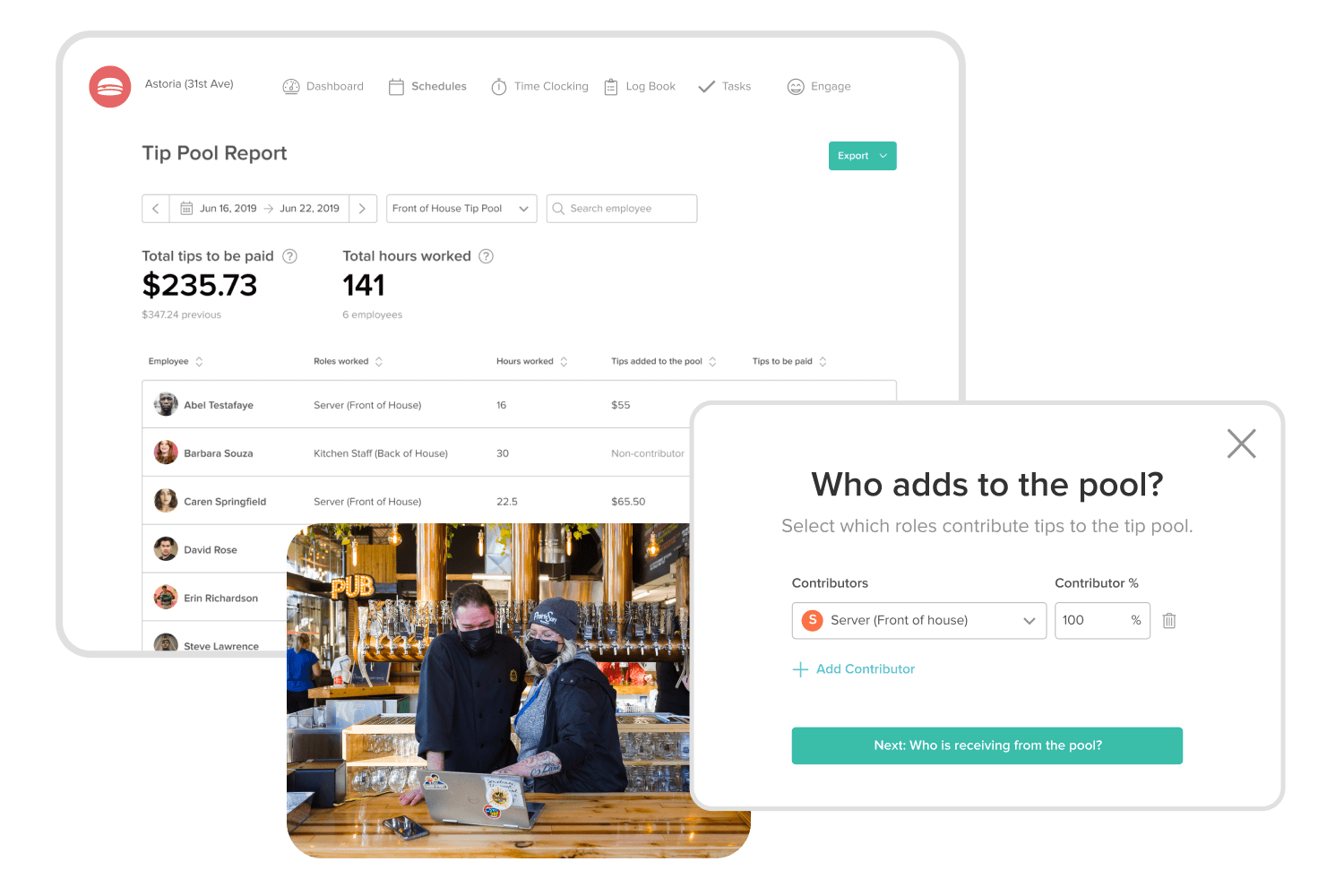 Dashboard for setting up tip pooling software for restaurants.