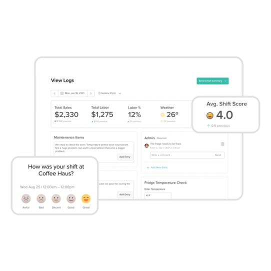 Notes, shift details, engagement scores, sales and labor dashboard for managers.