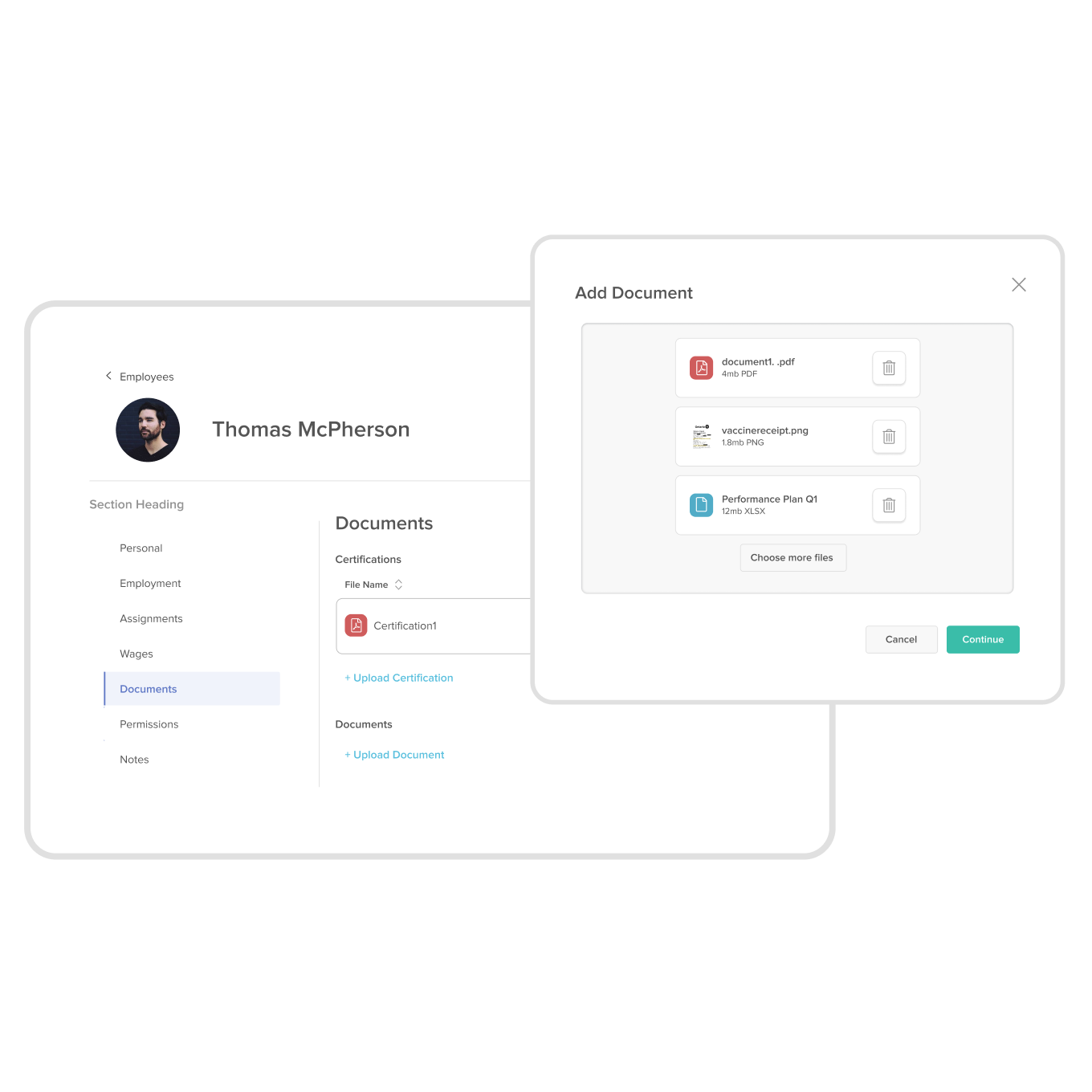 Employee profile showing options for different documents