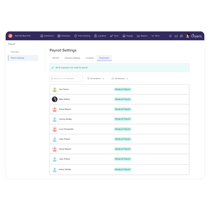 Image showing a comprehensive employee record management interface in the 7shifts app, including time-clocking, attendance, payroll, and other related features.