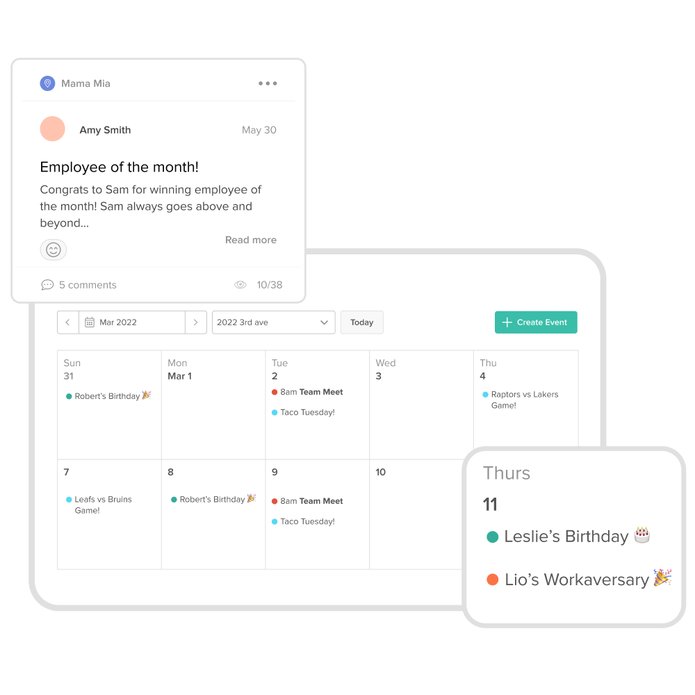 Work anniversary and birthday additions to schedule and events calendar.