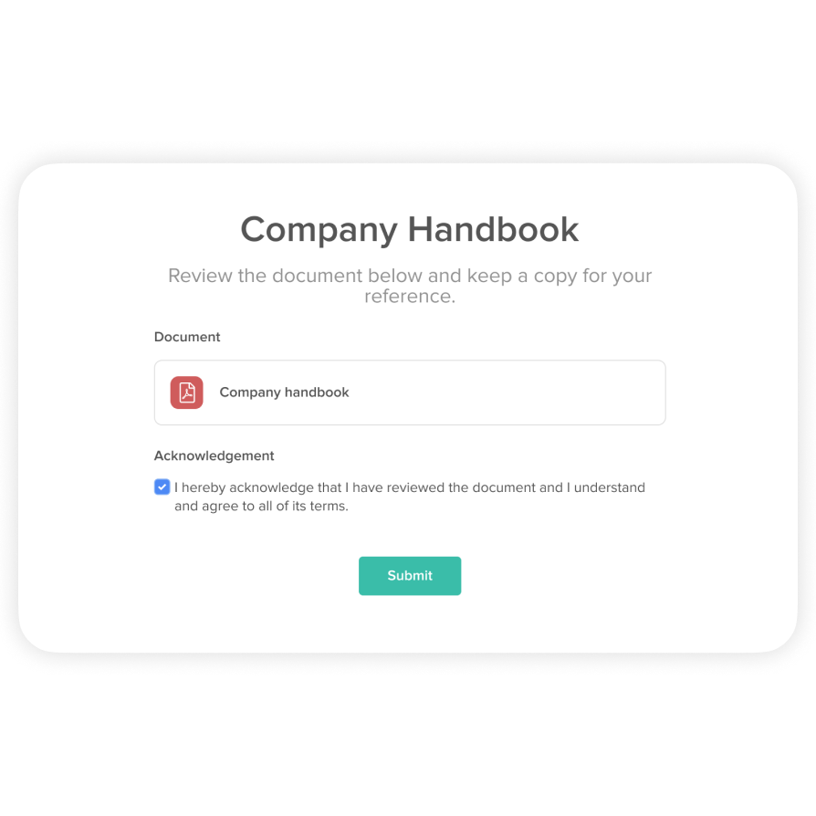 Company handbook acknowledgment product screen.