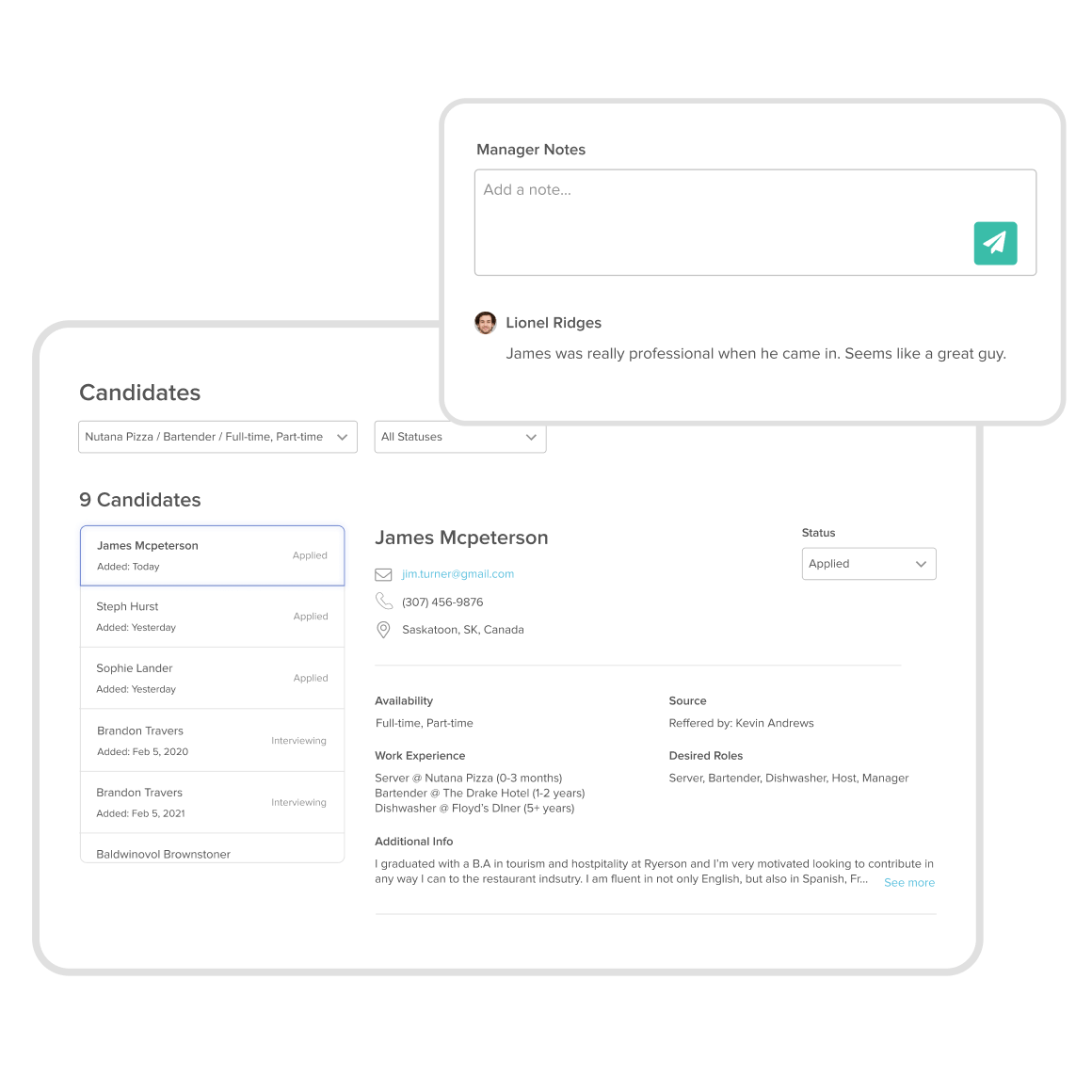 Candidate review using restaurant hiring software