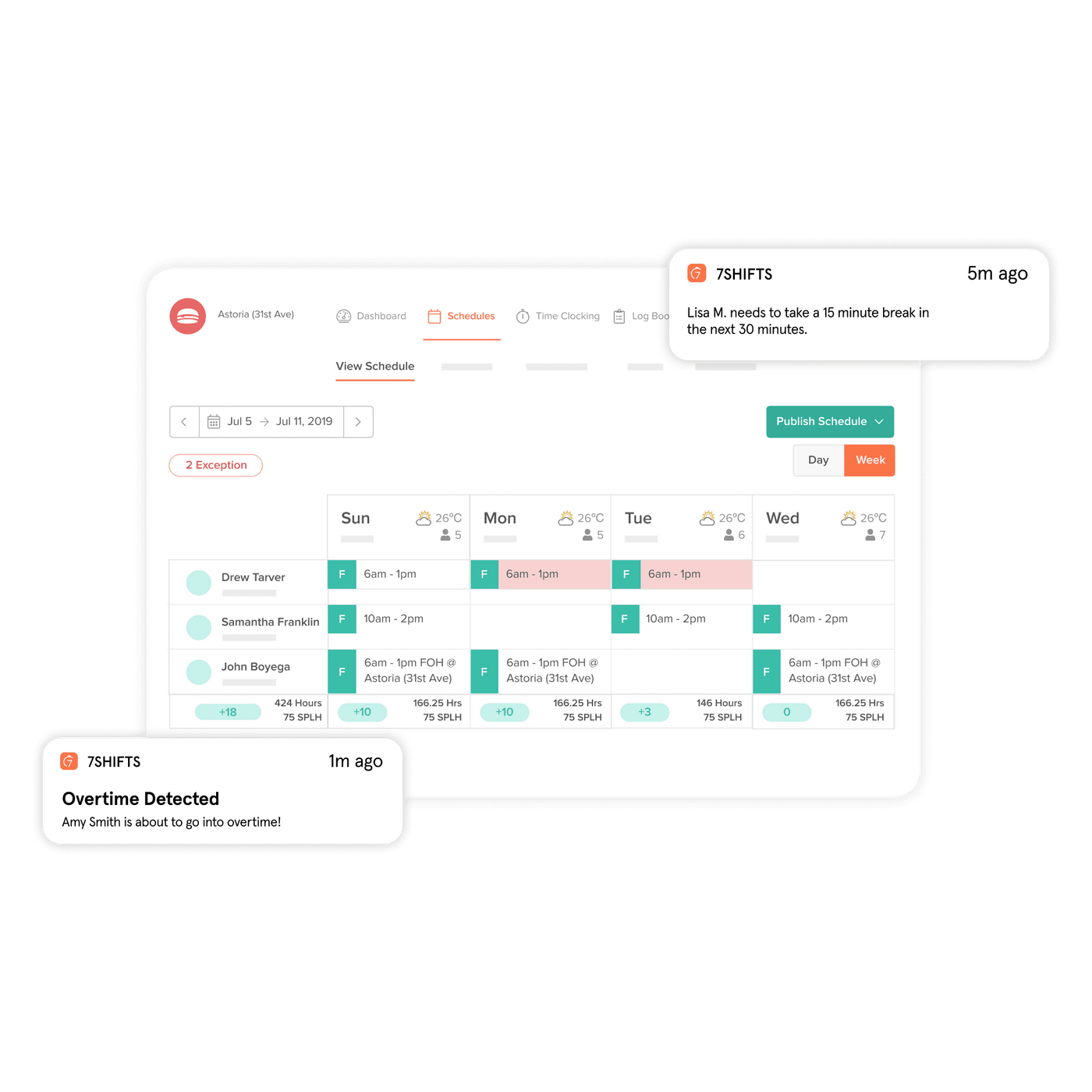 Restaurant scheduling dashboard with notifications