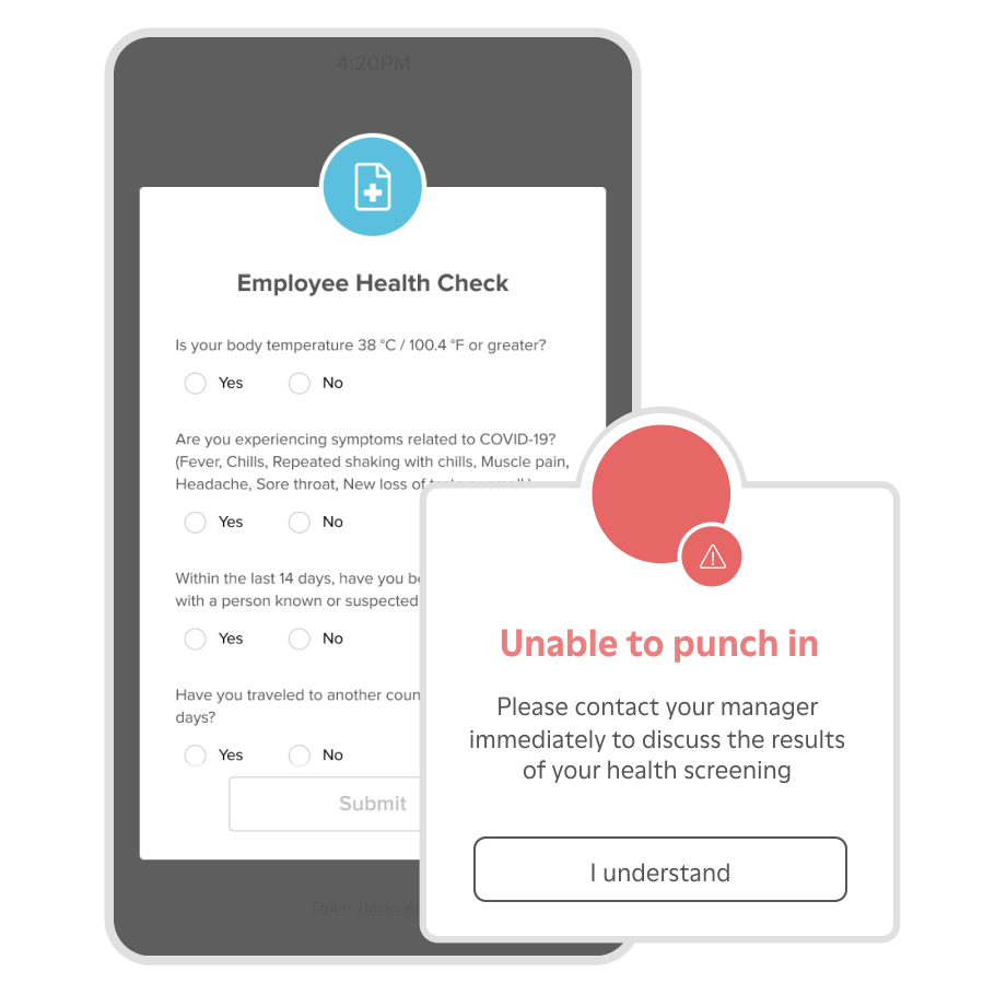 Employee health check view and questions.