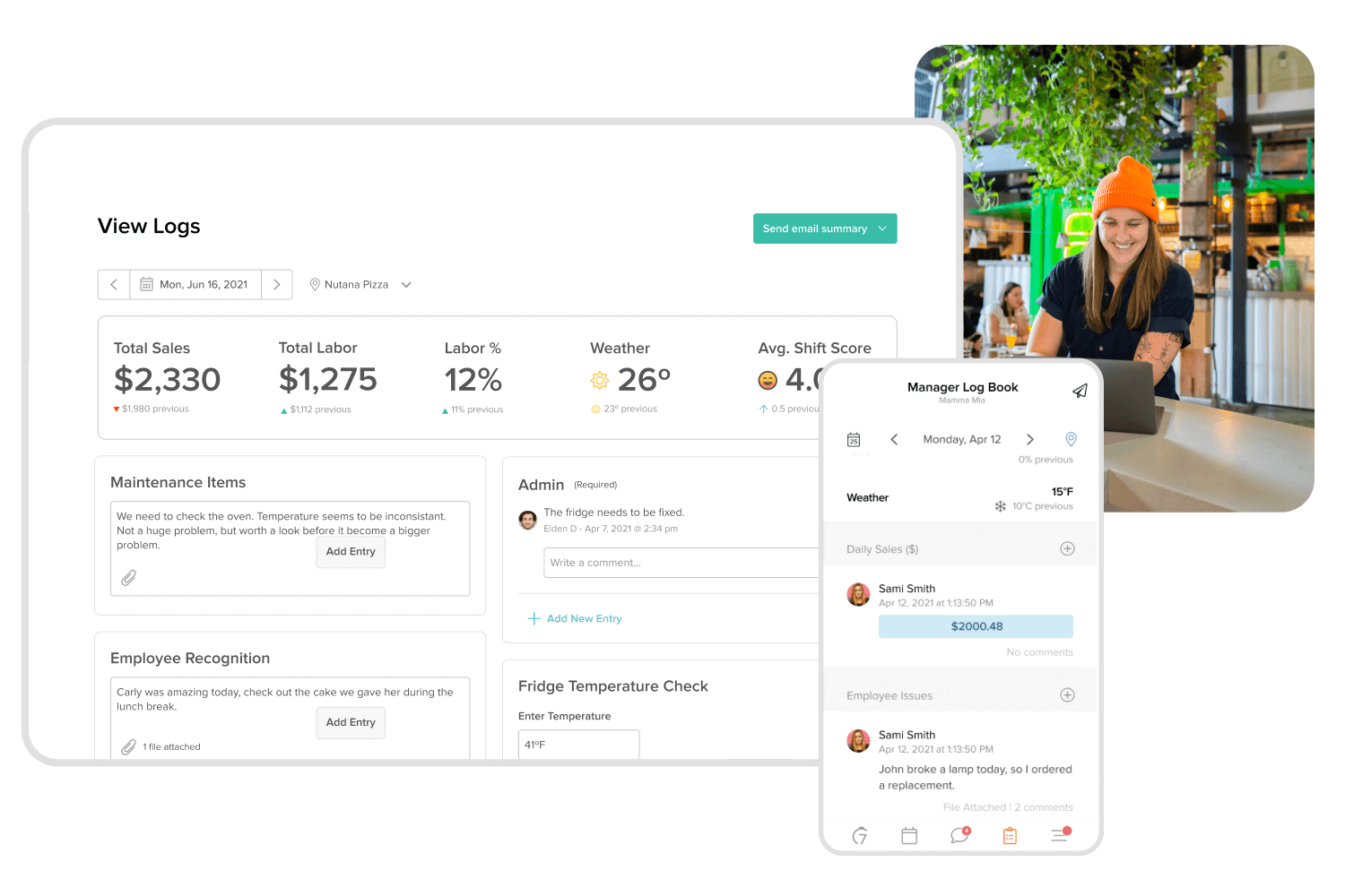Manager log book overview dashboard and mobile view for restaurants.