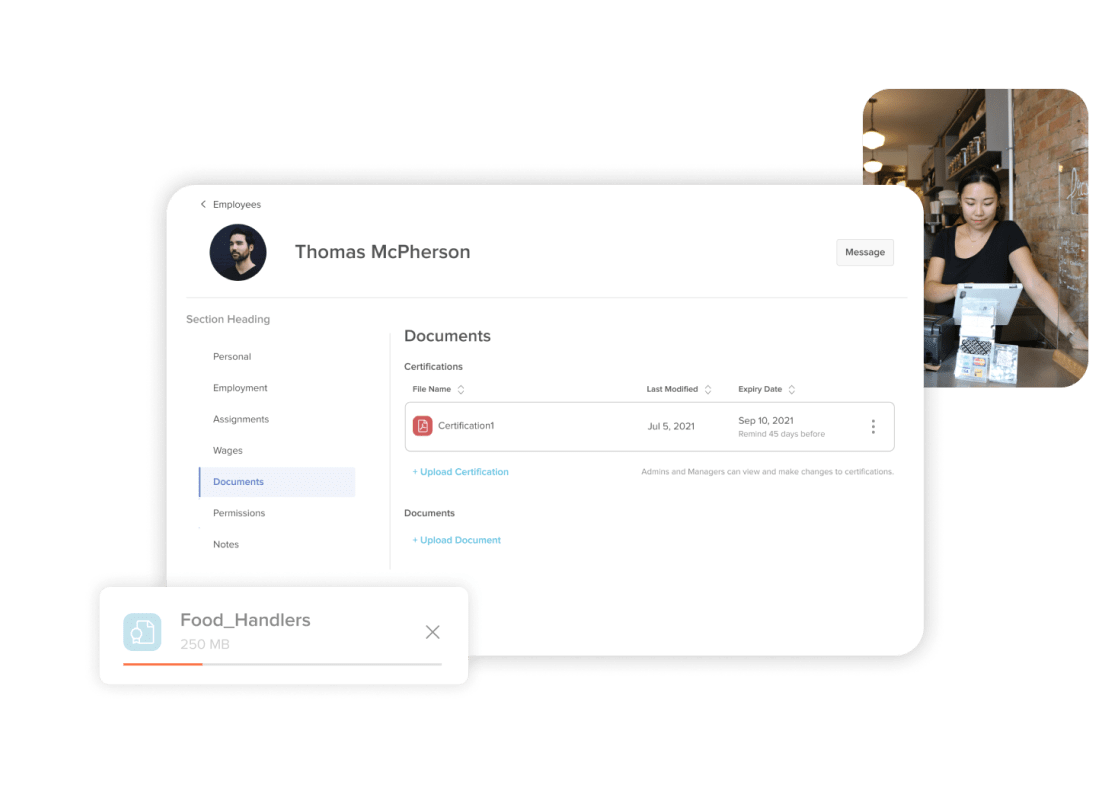 7shifts onboarding feature screen and cafe employee