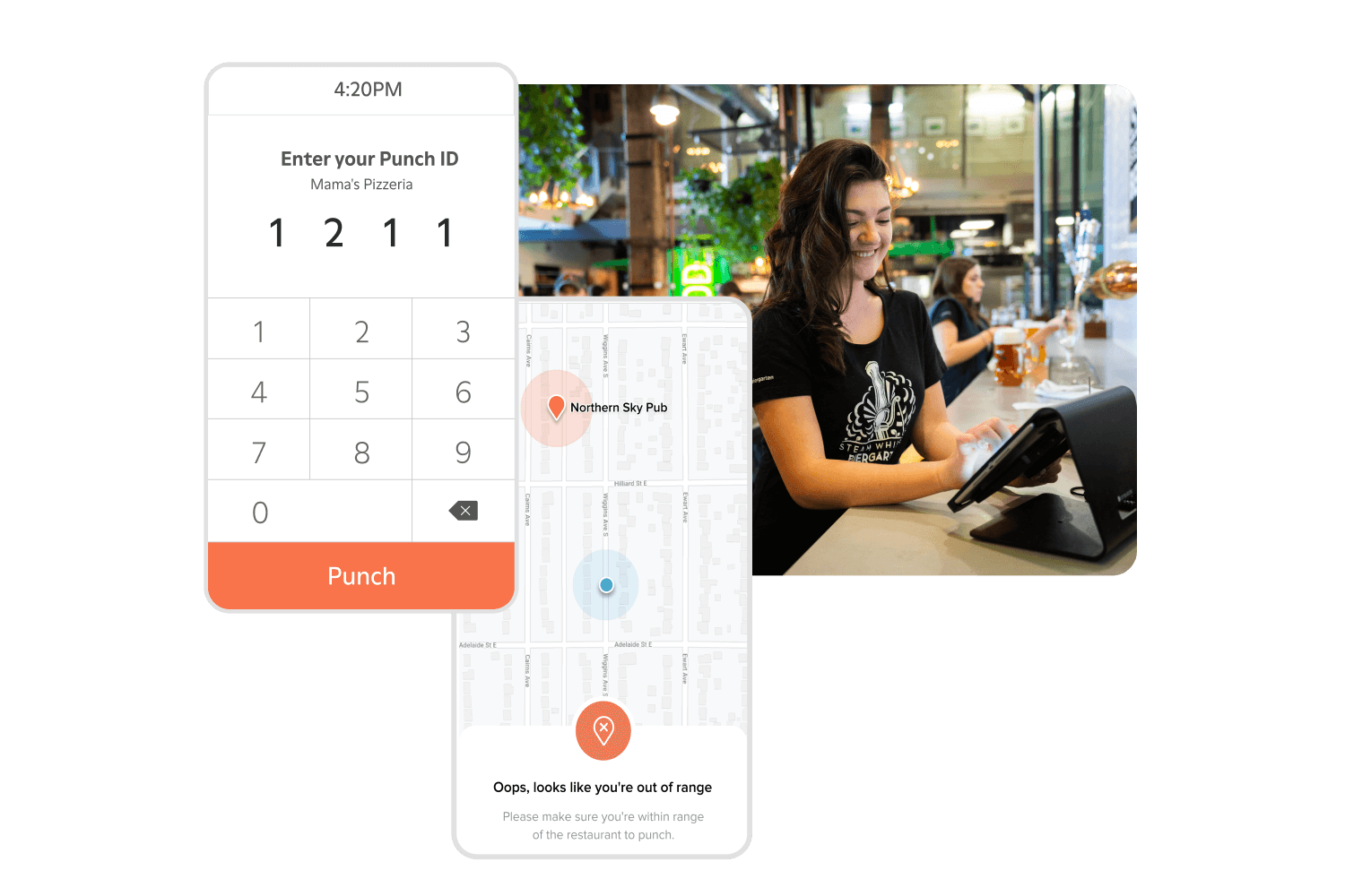 Mobile time clocking software for mobile devices.