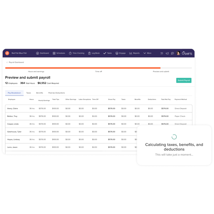 Image showing 7shifts Payroll software interface with icons representing tips, compliance, union fees, onboarding, and turnover
