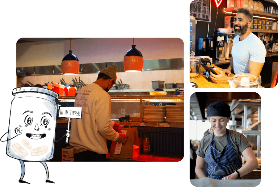 Collage of Tippy the tip jar cartoon and restaurant workers