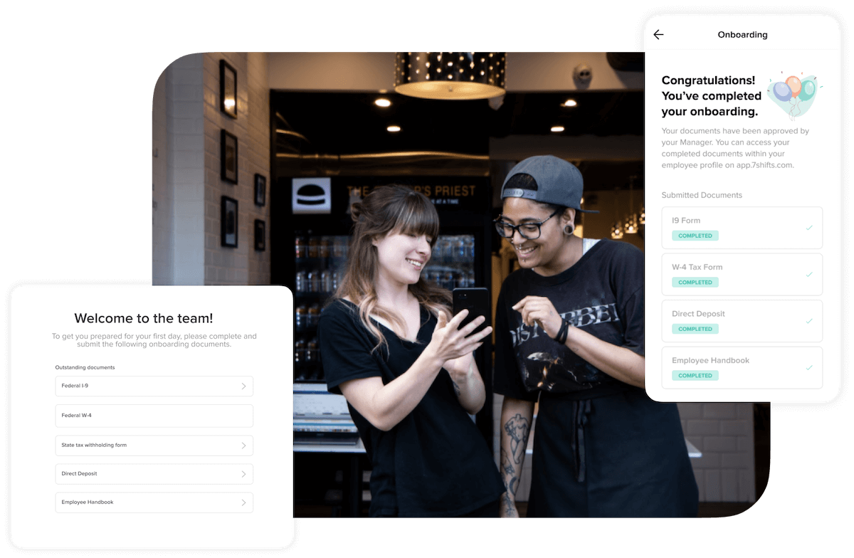 Collage of restaurant employees and 7shifts product screens for the Employee Onboarding feature.